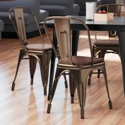 LT&S Alloy Series Lancaster Table & Seating Alloy Series Copper Metal Indoor Industrial Cafe Chair With Vertical Slat Back And Walnut Wood Seat
