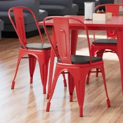 LT&S Alloy Series Lancaster Table & Seating Alloy Series Red Metal Indoor Industrial Cafe Chair With Vertical Slat Back And Black Wood Seat