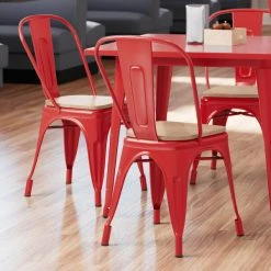 LT&S Alloy Series Lancaster Table & Seating Alloy Series Red Metal Indoor Industrial Cafe Chair With Vertical Slat Back And Natural Wood Seat