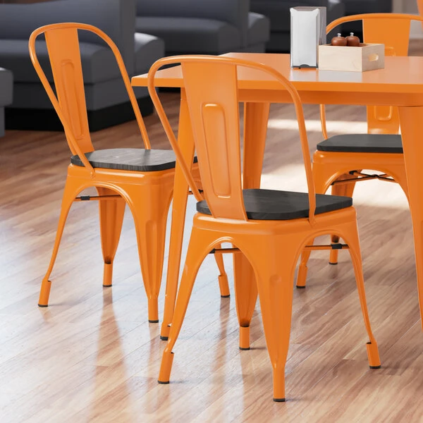 LT&S Alloy Series Lancaster Table & Seating Alloy Series Orange Metal Indoor Industrial Cafe Chair With Vertical Slat Back And Black Wood Seat 1 LT&S Alloy Series Lancaster Table & Seating Alloy Series Orange Metal Indoor Industrial Cafe Chair With Vertical Slat Back And Black Wood Seat