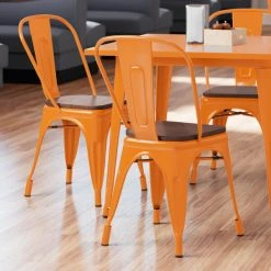 LT&S Alloy Series Lancaster Table & Seating Alloy Series Orange Metal Indoor Industrial Cafe Chair With Vertical Slat Back And Walnut Wood Seat