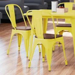 LT&S Alloy Series Lancaster Table & Seating Alloy Series Yellow Metal Indoor Industrial Cafe Chair With Vertical Slat Back And Walnut Wood Seat