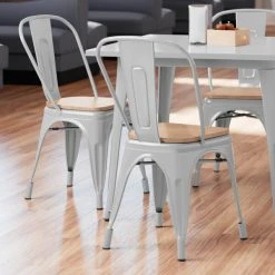LT&S Alloy Series Lancaster Table & Seating Alloy Series Silver Metal Indoor Industrial Cafe Chair With Vertical Slat Back And Natural Wood Seat