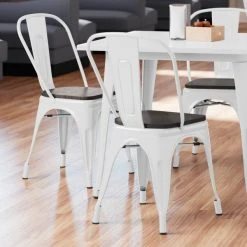 LT&S Alloy Series Lancaster Table & Seating Alloy Series White Metal Indoor Industrial Cafe Chair With Vertical Slat Back And Black Wood Seat