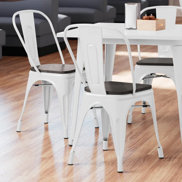 LT&S Alloy Series Lancaster Table & Seating Alloy Series White Metal Indoor Industrial Cafe Chair With Vertical Slat Back And Black Wood Seat 1 LT&S Alloy Series Lancaster Table & Seating Alloy Series White Metal Indoor Industrial Cafe Chair With Vertical Slat Back And Black Wood Seat