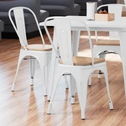 LT&S Alloy Series Lancaster Table & Seating Alloy Series White Metal Indoor Industrial Cafe Chair With Vertical Slat Back And Natural Wood Seat