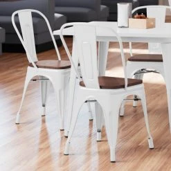 LT&S Alloy Series Lancaster Table & Seating Alloy Series White Metal Indoor Industrial Cafe Chair With Vertical Slat Back And Walnut Wood Seat