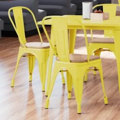 LT&S Alloy Series Lancaster Table & Seating Alloy Series Yellow Metal Indoor Industrial Cafe Chair With Vertical Slat Back And Natural Wood Seat