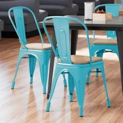 LT&S Alloy Series Lancaster Table & Seating Alloy Series Arctic Blue Metal Indoor Industrial Cafe Chair With Vertical Slat Back And Natural Wood Seat