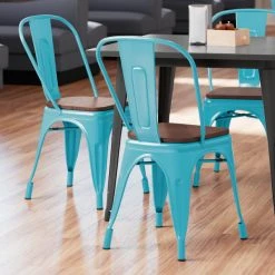 LT&S Alloy Series Lancaster Table & Seating Alloy Series Arctic Blue Metal Indoor Industrial Cafe Chair With Vertical Slat Back And Walnut Wood Seat