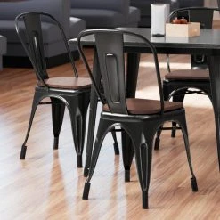 LT&S Alloy Series Lancaster Table & Seating Alloy Series Distressed Black Metal Indoor Industrial Cafe Chair With Vertical Slat Back And Walnut Wood Seat