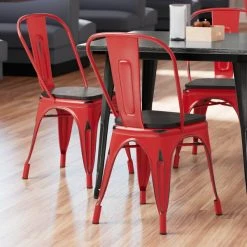 LT&S Alloy Series Lancaster Table & Seating Alloy Series Distressed Red Metal Indoor Industrial Cafe Chair With Vertical Slat Back And Black Wood Seat