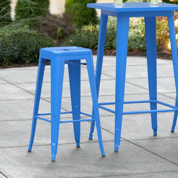 LT&S Alloy Series Lancaster Table & Seating Alloy Series Blue Stackable Metal Indoor / Outdoor Industrial Barstool With Drain Hole Seat 1 LT&S Alloy Series Lancaster Table & Seating Alloy Series Blue Stackable Metal Indoor / Outdoor Industrial Barstool With Drain Hole Seat