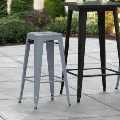 LT&S Alloy Series Lancaster Table & Seating Alloy Series Charcoal Stackable Metal Indoor / Outdoor Industrial Barstool With Drain Hole Seat