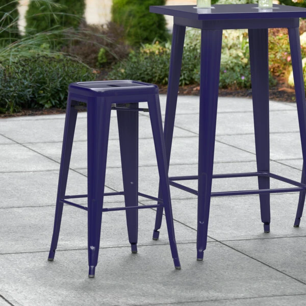 LT&S Alloy Series Lancaster Table & Seating Alloy Series Navy Stackable Metal Indoor / Outdoor Industrial Barstool With Drain Hole Seat 1 LT&S Alloy Series Lancaster Table & Seating Alloy Series Navy Stackable Metal Indoor / Outdoor Industrial Barstool With Drain Hole Seat