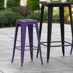 LT&S Alloy Series Lancaster Table & Seating Alloy Series Purple Stackable Metal Indoor / Outdoor Industrial Barstool With Drain Hole Seat