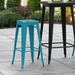 LT&S Alloy Series Lancaster Table & Seating Alloy Series Teal Stackable Metal Indoor / Outdoor Industrial Barstool With Drain Hole Seat