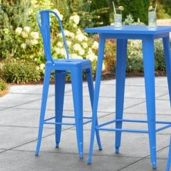 LT&S Alloy Series Lancaster Table & Seating Alloy Series Blue Metal Indoor / Outdoor Industrial Cafe Barstool With Vertical Slat Back And Drain Hole Seat