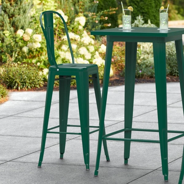 LT&S Alloy Series Lancaster Table & Seating Alloy Series Emerald Metal Indoor / Outdoor Industrial Cafe Barstool With Vertical Slat Back And Drain Hole Seat 1 LT&S Alloy Series Lancaster Table & Seating Alloy Series Emerald Metal Indoor / Outdoor Industrial Cafe Barstool With Vertical Slat Back And Drain Hole Seat