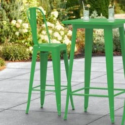 LT&S Alloy Series Lancaster Table & Seating Alloy Series Green Metal Indoor / Outdoor Industrial Cafe Barstool With Vertical Slat Back And Drain Hole Seat