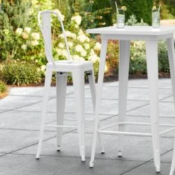 LT&S Alloy Series Lancaster Table & Seating Alloy Series White Metal Indoor / Outdoor Industrial Cafe Barstool With Vertical Slat Back And Drain Hole Seat