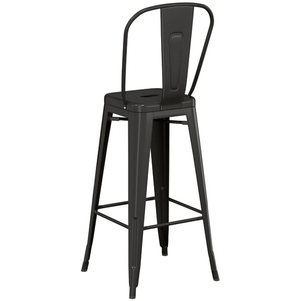 LT&S Alloy Series Lancaster Table & Seating Alloy Series Black Metal Indoor / Outdoor Industrial Cafe Barstool With Vertical Slat Back And Drain Hole Seat 3 LT&S Alloy Series Lancaster Table & Seating Alloy Series Black Metal Indoor / Outdoor Industrial Cafe Barstool With Vertical Slat Back And Drain Hole Seat - Image 3