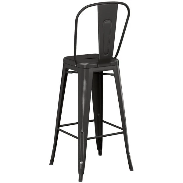 LT&S Alloy Series Lancaster Table & Seating Alloy Series Distressed Black Metal Indoor / Outdoor Industrial Cafe Barstool With Vertical Slat Back And Drain Hole Seat 3 LT&S Alloy Series Lancaster Table & Seating Alloy Series Distressed Black Metal Indoor / Outdoor Industrial Cafe Barstool With Vertical Slat Back And Drain Hole Seat - Image 3