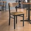 LT&S Boomerang Series Lancaster Table & Seating Boomerang Black Finish Chair With 2 1/2" Light Brown Vinyl Padded Seat And Vintage Wood Back
