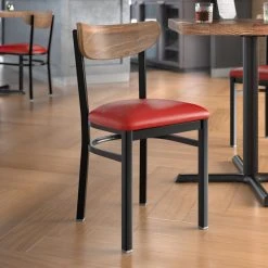 LT&S Boomerang Series Lancaster Table & Seating Boomerang Black Finish Chair With 2 1/2" Red Vinyl Padded Seat And Vintage Wood Back