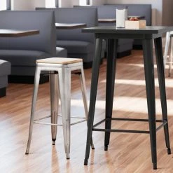 LT&S Alloy Series Lancaster Table & Seating Alloy Series Clear Coated Metal Indoor Industrial Cafe Bar Height Stool With Natural Wood Seat