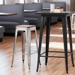 LT&S Alloy Series Lancaster Table & Seating Alloy Series Clear Coated Metal Indoor Industrial Cafe Bar Height Stool With Walnut Wood Seat