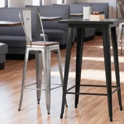 LT&S Alloy Series Lancaster Table & Seating Alloy Series Clear Coated Metal Indoor Industrial Cafe Bar Height Stool With Vertical Slat Back And Walnut Wood Seat
