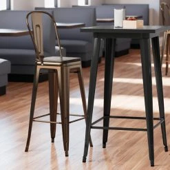 LT&S Alloy Series Lancaster Table & Seating Alloy Series Copper Metal Indoor Industrial Cafe Bar Height Stool With Vertical Slat Back And Black Wood Seat