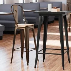 LT&S Alloy Series Lancaster Table & Seating Alloy Series Copper Metal Indoor Industrial Cafe Bar Height Stool With Vertical Slat Back And Natural Wood Seat