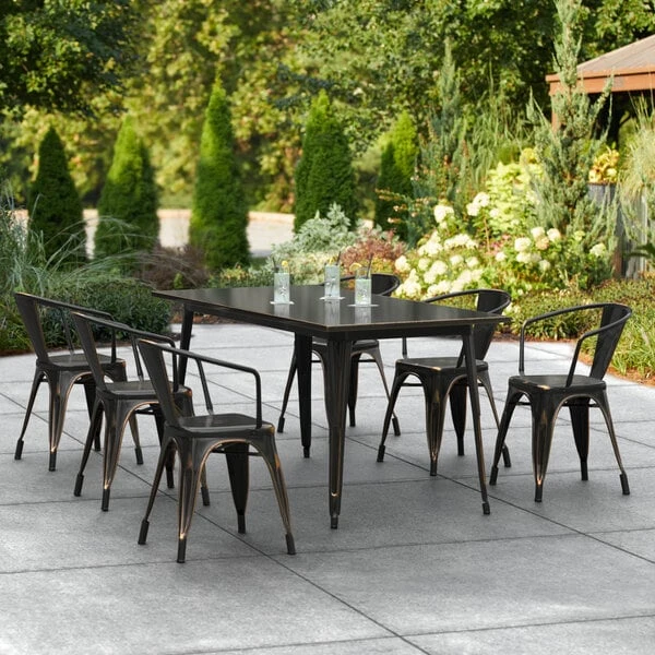 LT&S Alloy Series Lancaster Table & Seating Alloy Series 63" X 32" Distressed Copper Dining Height Outdoor Table With 6 Arm Chairs 1 LT&S Alloy Series Lancaster Table & Seating Alloy Series 63" X 32" Distressed Copper Dining Height Outdoor Table With 6 Arm Chairs