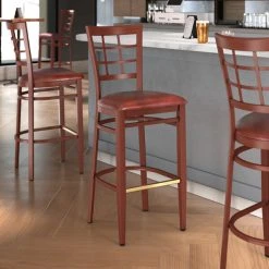 LT&S Spartan Series Lancaster Table & Seating Spartan Series Bar Height Metal Window Back Chair With Mahogany Wood Grain Finish And Burgundy Vinyl Seat