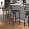 LT&S Spartan Series Lancaster Table & Seating Spartan Series Bar Height Metal Window Back Chair With Walnut Wood Grain Finish And Black Vinyl Seat