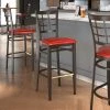 LT&S Spartan Series Lancaster Table & Seating Spartan Series Bar Height Metal Window Back Chair With Walnut Wood Grain Finish And Red Vinyl Seat