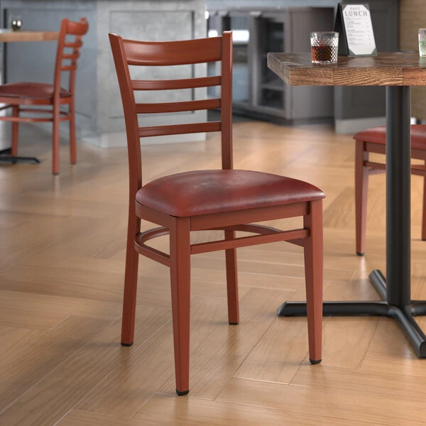 LT&S Spartan Series Lancaster Table & Seating Spartan Series Metal Ladder Back Chair With Mahogany Wood Grain Finish And Burgundy Vinyl Seat 1 LT&S Spartan Series Lancaster Table & Seating Spartan Series Metal Ladder Back Chair With Mahogany Wood Grain Finish And Burgundy Vinyl Seat