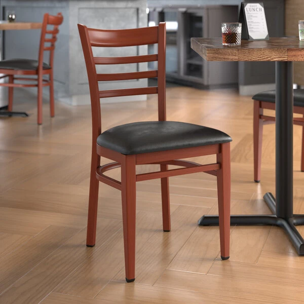 LT&S Spartan Series Lancaster Table & Seating Spartan Series Metal Ladder Back Chair With Mahogany Wood Grain Finish And Black Vinyl Seat 1 LT&S Spartan Series Lancaster Table & Seating Spartan Series Metal Ladder Back Chair With Mahogany Wood Grain Finish And Black Vinyl Seat