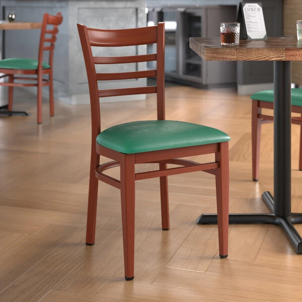LT&S Spartan Series Lancaster Table & Seating Spartan Series Metal Ladder Back Chair With Mahogany Wood Grain Finish And Green Vinyl Seat 1 LT&S Spartan Series Lancaster Table & Seating Spartan Series Metal Ladder Back Chair With Mahogany Wood Grain Finish And Green Vinyl Seat
