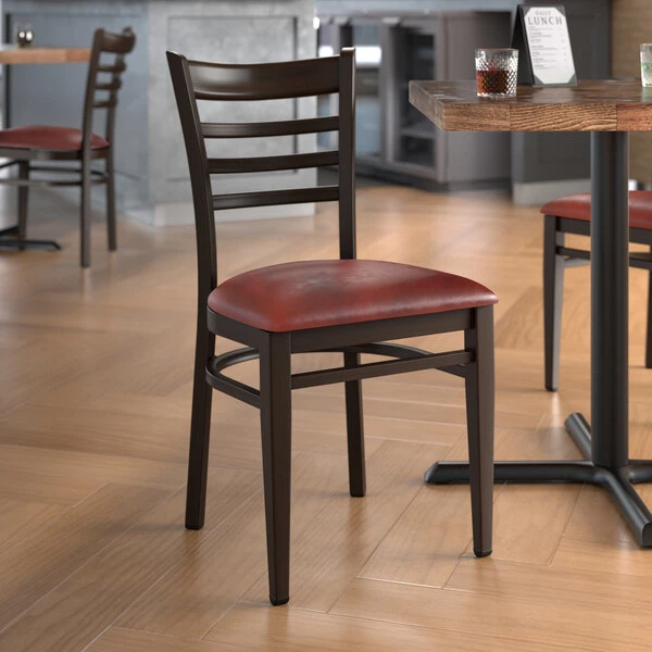 LT&S Spartan Series Lancaster Table & Seating Spartan Series Metal Ladder Back Chair With Walnut Wood Grain Finish And Burgundy Vinyl Seat 1 LT&S Spartan Series Lancaster Table & Seating Spartan Series Metal Ladder Back Chair With Walnut Wood Grain Finish And Burgundy Vinyl Seat