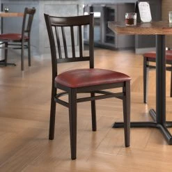 LT&S Spartan Series Lancaster Table & Seating Spartan Series Metal Slat Back Chair With Walnut Wood Grain Finish And Burgundy Vinyl Seat