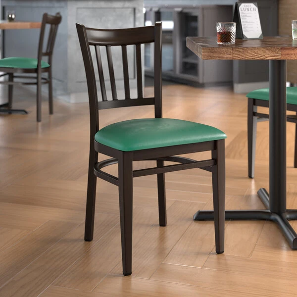 LT&S Spartan Series Lancaster Table & Seating Spartan Series Metal Slat Back Chair With Walnut Wood Grain Finish And Green Vinyl Seat 1 LT&S Spartan Series Lancaster Table & Seating Spartan Series Metal Slat Back Chair With Walnut Wood Grain Finish And Green Vinyl Seat