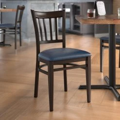 LT&S Spartan Series Lancaster Table & Seating Spartan Series Metal Slat Back Chair With Walnut Wood Grain Finish And Navy Vinyl Seat
