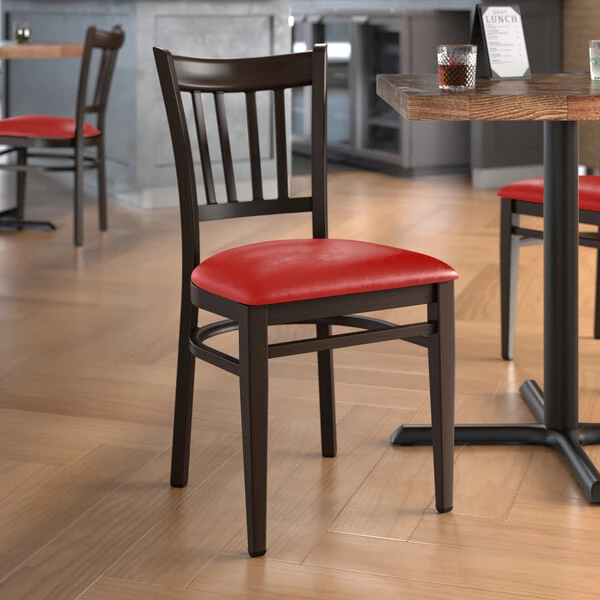 LT&S Spartan Series Lancaster Table & Seating Spartan Series Metal Slat Back Chair With Walnut Wood Grain Finish And Red Vinyl Seat 1 LT&S Spartan Series Lancaster Table & Seating Spartan Series Metal Slat Back Chair With Walnut Wood Grain Finish And Red Vinyl Seat