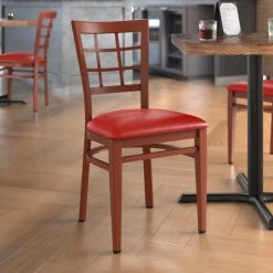 LT&S Spartan Series Lancaster Table & Seating Spartan Series Metal Window Back Chair With Mahogany Wood Grain Finish And Red Vinyl Seat