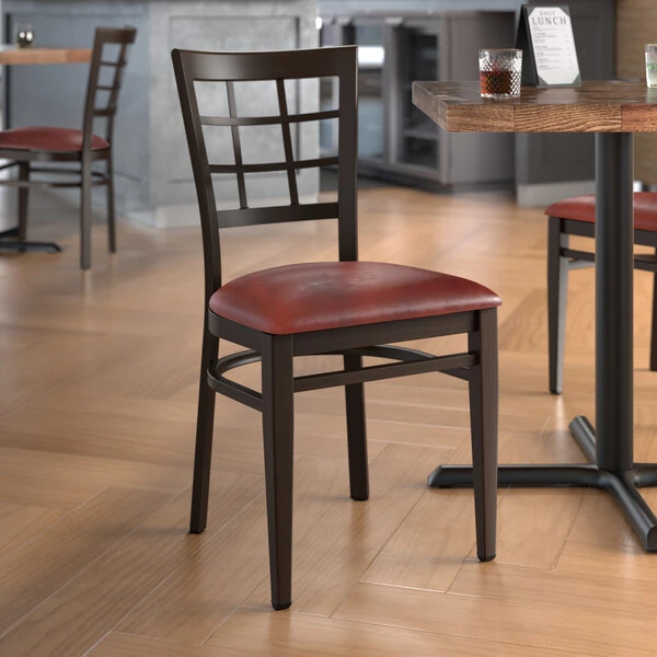 LT&S Spartan Series Lancaster Table & Seating Spartan Series Metal Window Back Chair With Walnut Wood Grain Finish And Burgundy Vinyl Seat 1 LT&S Spartan Series Lancaster Table & Seating Spartan Series Metal Window Back Chair With Walnut Wood Grain Finish And Burgundy Vinyl Seat