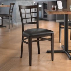LT&S Spartan Series Lancaster Table & Seating Spartan Series Metal Window Back Chair With Walnut Wood Grain Finish And Black Vinyl Seat