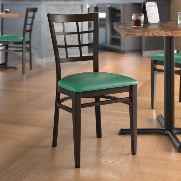LT&S Spartan Series Lancaster Table & Seating Spartan Series Metal Window Back Chair With Walnut Wood Grain Finish And Green Vinyl Seat 1 LT&S Spartan Series Lancaster Table & Seating Spartan Series Metal Window Back Chair With Walnut Wood Grain Finish And Green Vinyl Seat